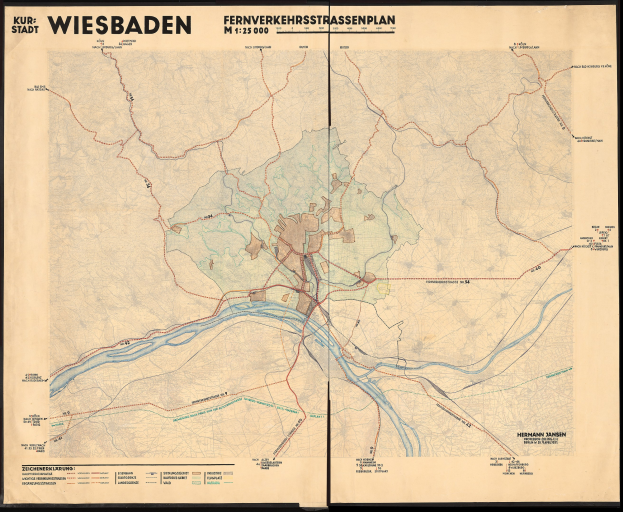 Ein gerahmtes, detailliertes altes Stadtplan von Wiesbaden, Deutschland, der Straßen, Gebäude, Sehenswürdigkeiten und Text über die Bevölkerung, Straßen und Sehenswürdigkeiten zeigt.