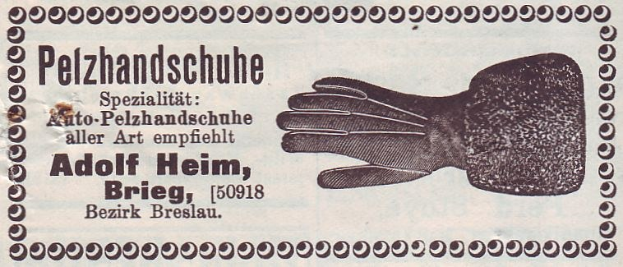 Visitenkarte mit einem Bild von einem Paar Handschuhe und gedrucktem Text auf Deutsch.