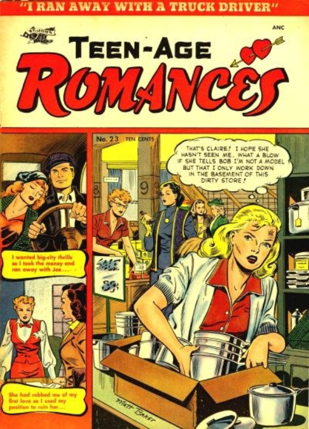 Plakat für "Teen-Age Romances 23-A" von DC Comics, das ein strahlendes Paar in inniger Umarmung zeigt, mit fetter Schrift oben.