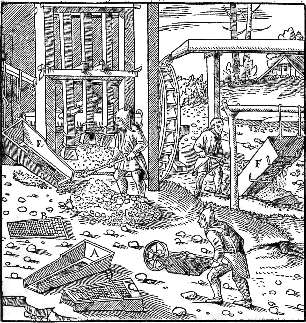 Schwarz-weißes Gravur eines Mannes in langem Mantel und Hut, der in einem 16. Jahrhundert-Garten arbeitet und eine Schaufel und einen Karren mit Werkzeugen und Materialien um ihn herum hält.