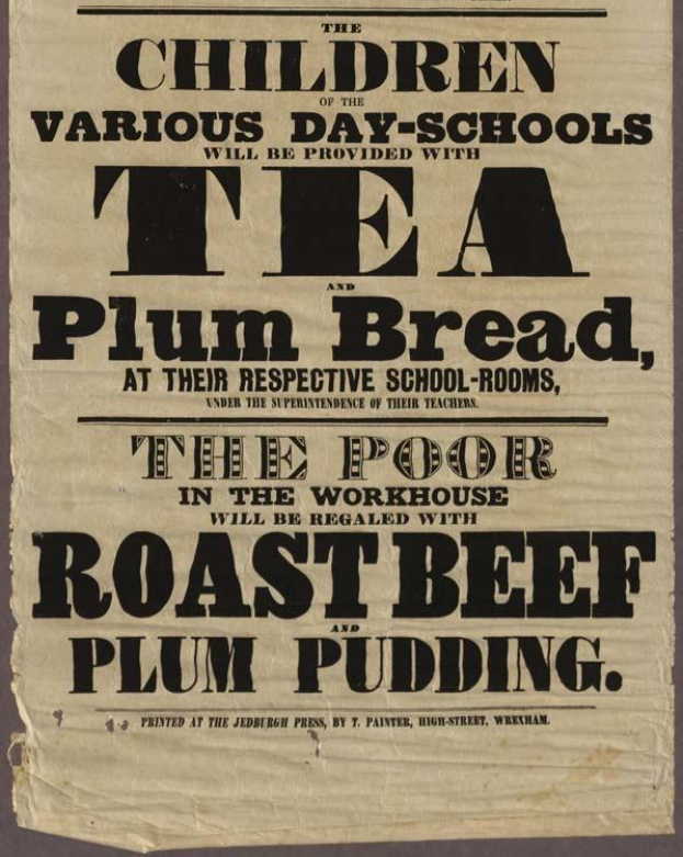 Ein Blatt mit Text, auf dem angekündigt wird, dass Kinder aus verschiedenen Tagesschulen Tee, Pflaumenbrot, Rindfleisch und Pflaumenpudding erhalten werden.