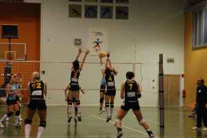 Ein Volleyballspiel in vollem Gange auf einem Indoor-Court mit einem Basketballkorb im Hintergrund.
