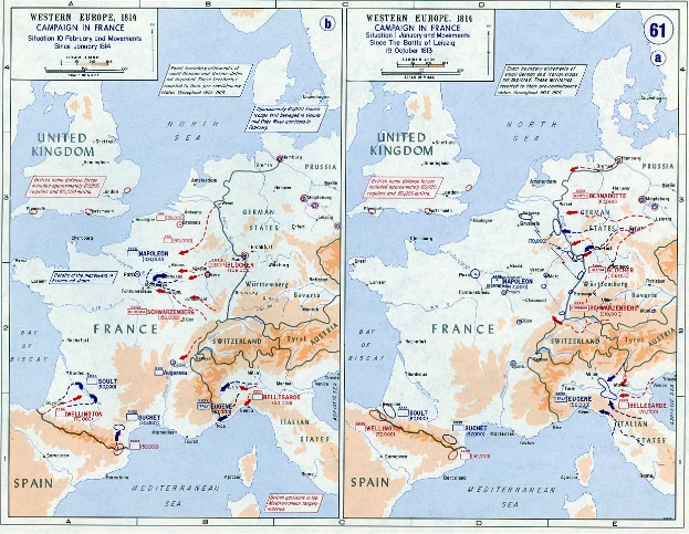 Ein historisches Poster-Kartenbild von Europa während der Schlacht von Leipzig, unterteilt in Abschnitte für Europa und Frankreich, mit Text und Zahlen, die Konflikt-details und geografische Regionen angeben.