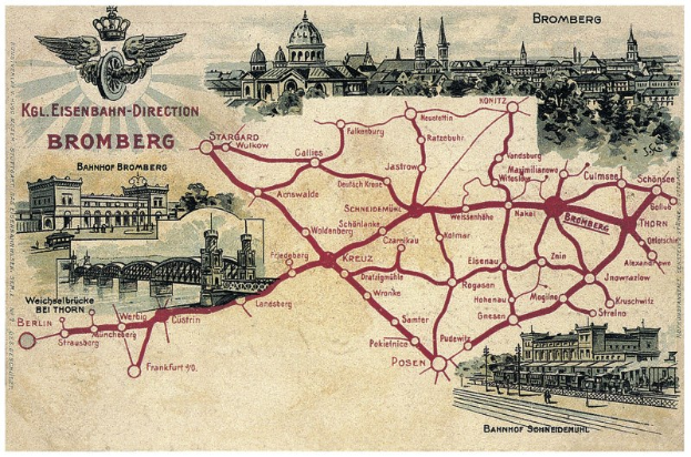 Ein detaillierter Stadtplan von Bromberg, Deutschland, zeigt Straßen, Gebäude, Bäume, eine Brücke und Text mit historischem und kulturellen Informationen.