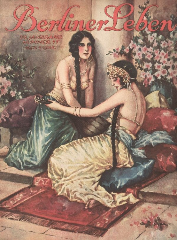Plakat mit zwei Frauen auf einem Bett umgeben von Kissen und Pflanzen mit Blumen, mit Text 'Berliner Leben Magazin-Cover von Oktober 1931' oben.