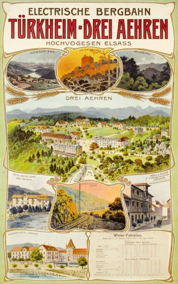 Plakat bewirbt Bergbahn, Deutschland, als elektrischen Stadt mit Bildern von Gebäuden, Bäumen, Hügeln und beschreibendem Text.