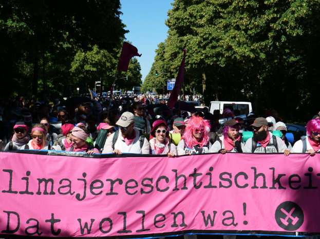 Eine Gruppe von Menschen marschiert die Straße entlang, hält ein pinkes Banner mit der Aufschrift "Women's March in Berlin" hoch, wobei einige eine Mütze und eine Schutzbrille tragen und andere Fahnen schwenken, vor einem Hintergrund aus Bäumen, Fahrzeugen und Himmel.