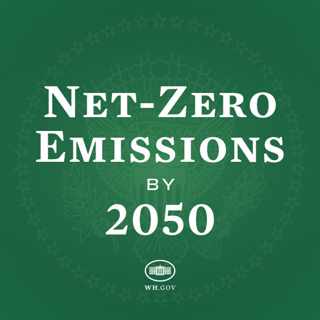 Weißer fettgedruckter Text "net-zero Emissionen bis 2050" auf einem festen grünen Hintergrund.