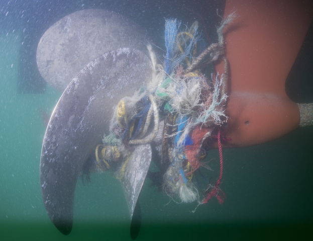 Ein Manta-Rochen, der im Ozean schwimmt und an dessen Rücken ein großes Propeller befestigt ist, umgeben von farbigen Fäden und Gegenständen.