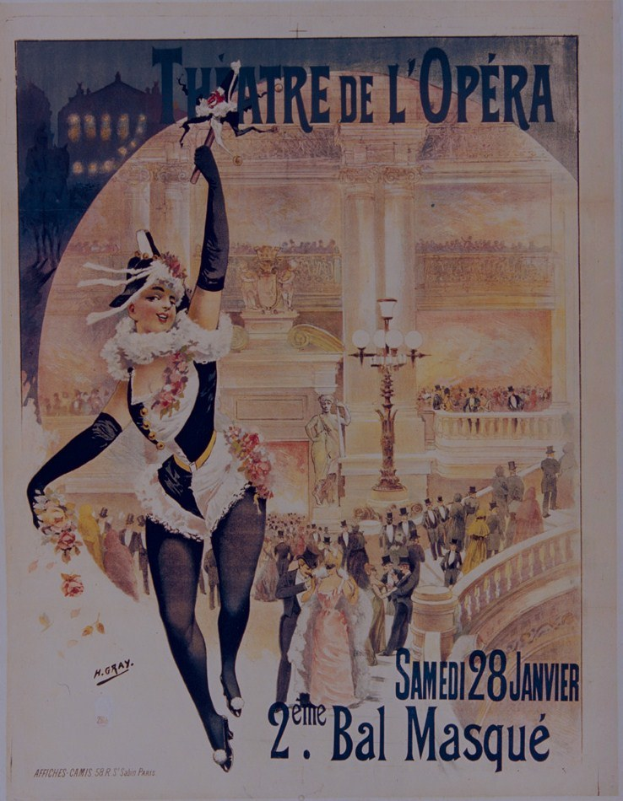 Plakat für die Oper de Paris mit einer zentralen Frau umgeben von einer Menge, Laternen und einem Gebäude sowie Text.