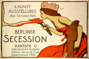 Plakat aus dem Jahr 1900 der Berliner Secession, das eine Frau in einem roten Kleid zeigt, die ein Objekt hält, und Text mit Veranstaltungshinweisen.