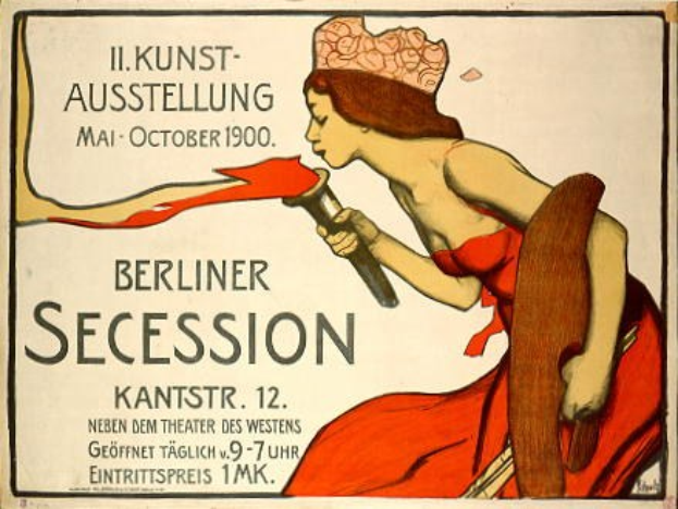 Plakat aus dem Jahr 1900 der Berliner Secession, das eine Frau in einem roten Kleid zeigt, die ein Objekt hält, und Text mit Veranstaltungshinweisen.