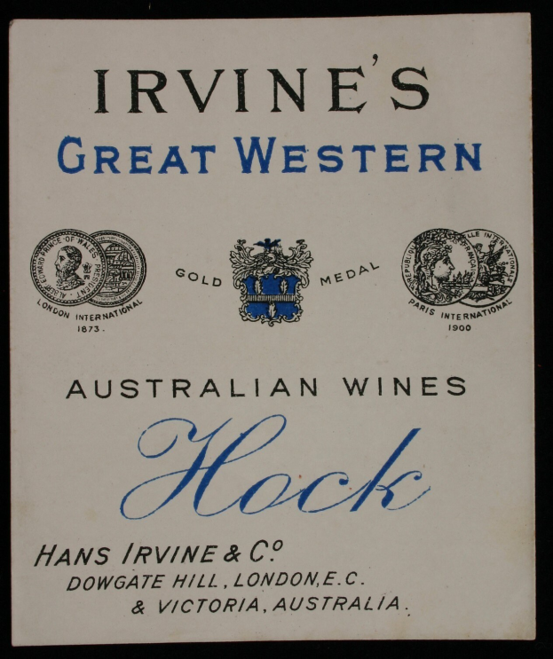 Plakat, das Irvines Great Western Australian Wines bewirbt, mit Firmenlogos und Text, der verfügbare Weinarten auflistet.
