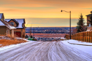 Eine Straßenszene mit Häusern, Gebäuden, Bäumen, Pflanzen, Gras, einer Straße, Eis, Straßenlaternen, einem Zaun und einem Pfahl unter einem bewölkten Himmel.