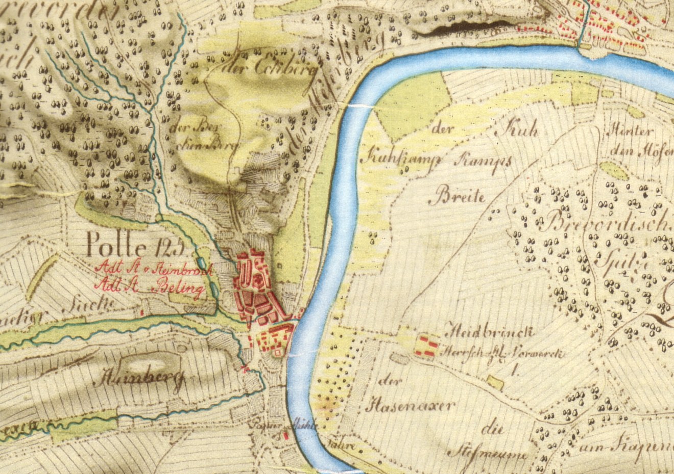 Ausführliches altes Stadtplan von Polle, Deutschland, mit Straße, Gebäuden und einem Fluss, der durch die Stadt fließt.