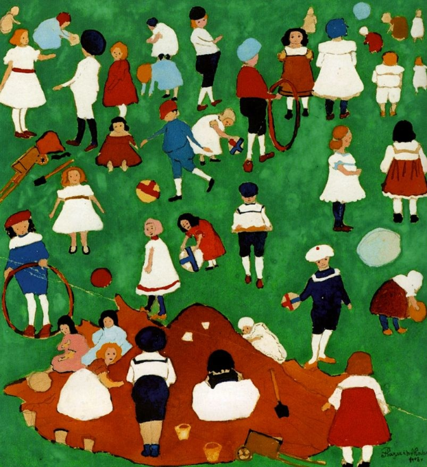 Malerei von Kindern beim Spielen auf einem Feld, einige halten Bälle und Schaufeln, mit einem Wasserzeichen auf der rechten Seite.