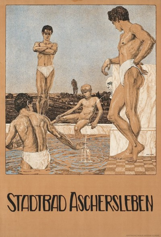 Ein Plakat für ein Schwimmbad in Aschersleben, Deutschland, das Menschen im Wasser zeigt, wobei eine Person sitzt, und Text, der Details über das Schwimmbad bereitstellt.
