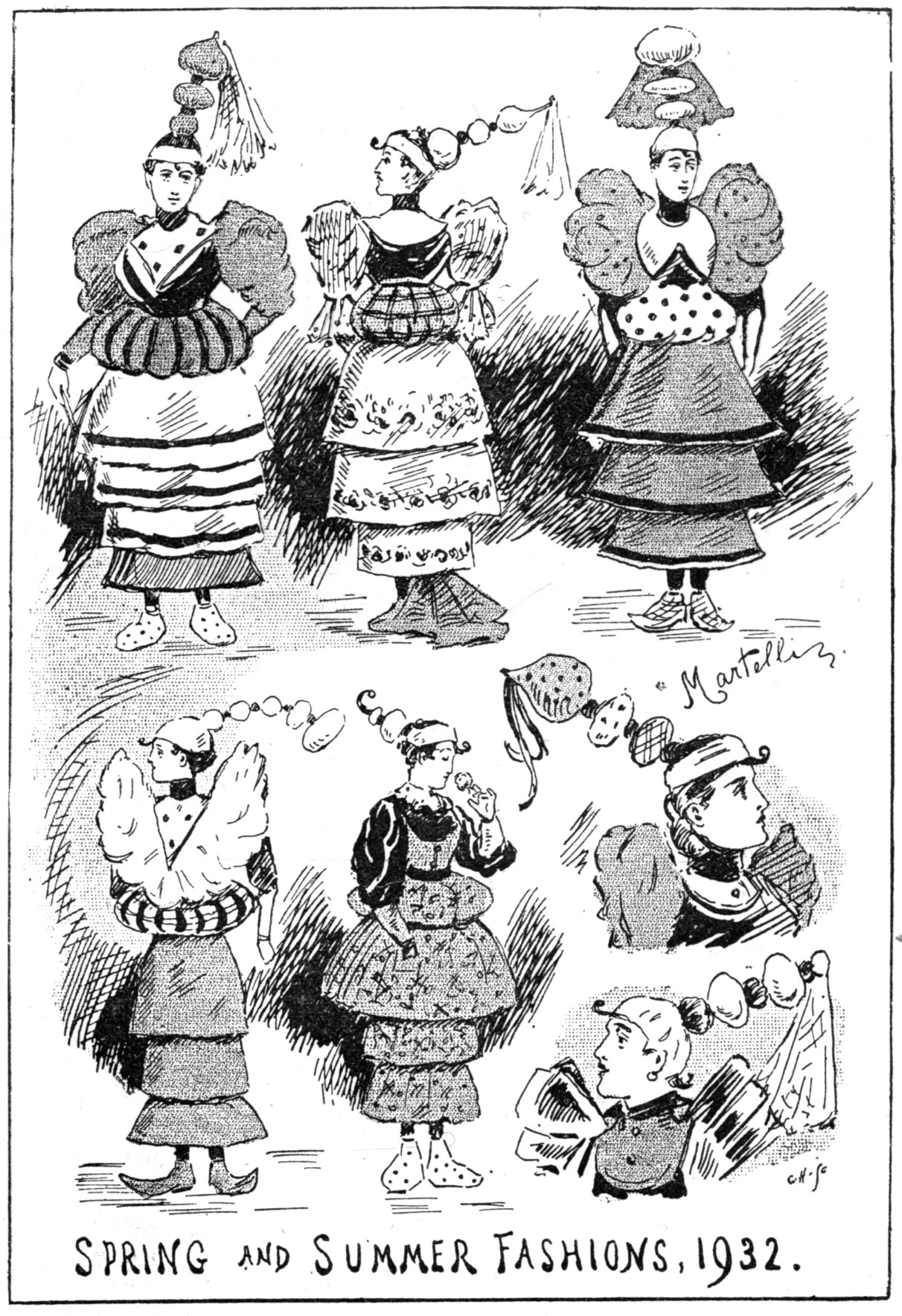 Schwarze und weiße Illustration von Frauen in 1932er Frühlings- und Sommermodekleidern, begleitet von beschreibendem Text.