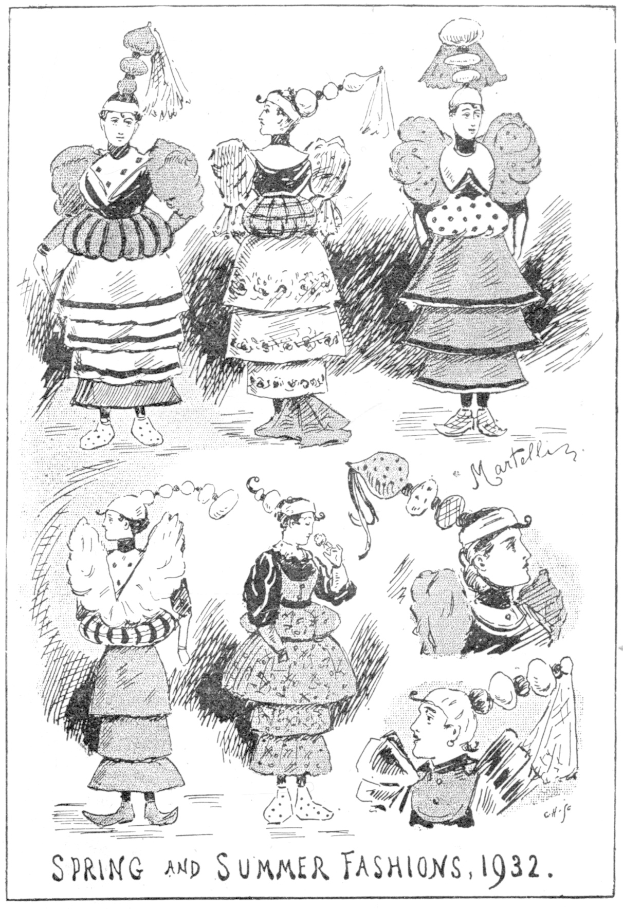 Schwarze und weiße Illustration von Frauen in 1932er Frühlings- und Sommermodekleidern, begleitet von beschreibendem Text.