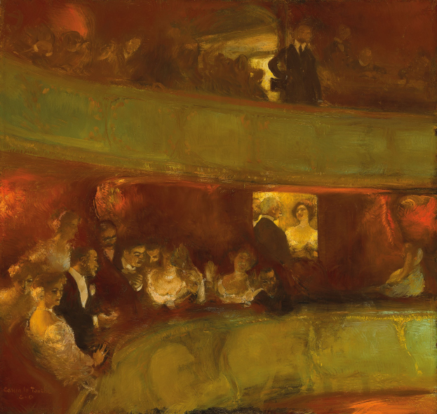 Gemälde einer vielfältigen Gruppe von formell gekleideten Menschen in einem hell erleuchteten, neutralfarbenen Theater, einige stehen und einige sitzen, mit einer lebendigen und einladenden Atmosphäre.