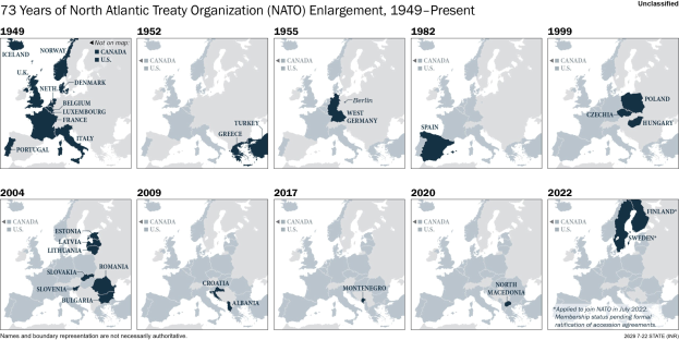 Zeitleiste, die die NATO-Erweiterung von 1949 bis heute zeigt, wobei die Regionen farblich nach dem Jahr des Beitritts unterteilt sind.