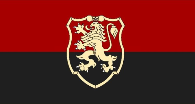 Eine rote und schwarze Flagge mit einem schwarzen Löwen in der Mitte und einem schwarzen Rand, die das historische Wappen Deutschlands darstellt.