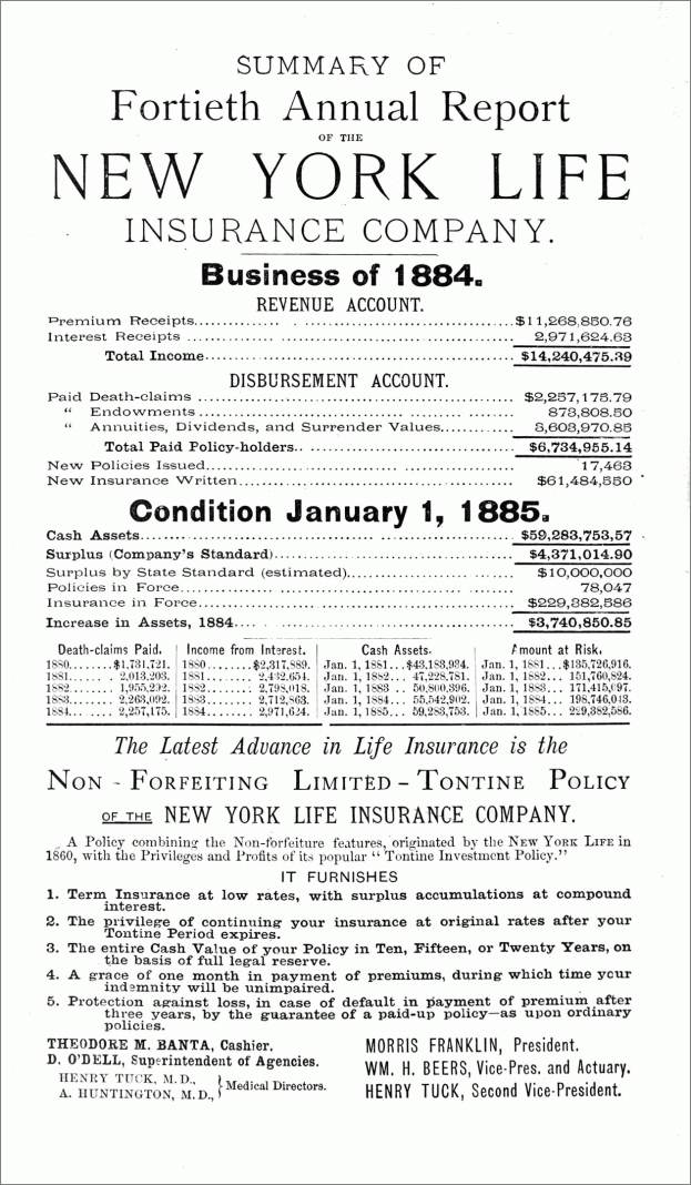 Schwarz-weißes Papier mit der Aufschrift "New York Life Insurance Company, Geschäft von 1884", das den Jahresbericht des Unternehmens von 1884 zusammenfasst.