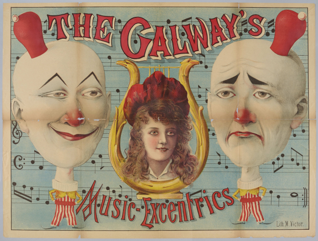 Ein Plakat für die Galway Music Excentrics, das eine Frau in der Mitte mit einem Clown zu beiden Seiten zeigt, mit Text, der den Zirkus und seine Künstler beschreibt.