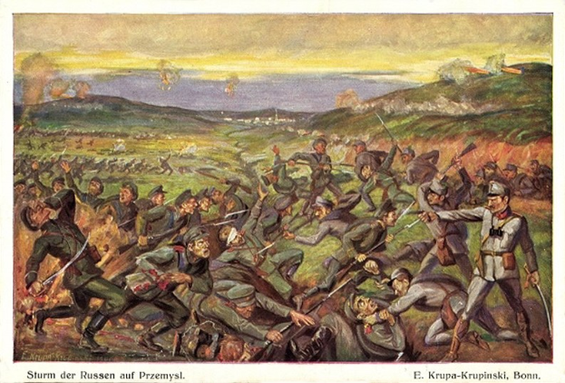Gemälde, das eine Schlachtszene mit Männern in Militäruniformen zeigt, einige halten Gewehre, mit der Inschrift "Sturm der Russen auf Przemysl" unten.