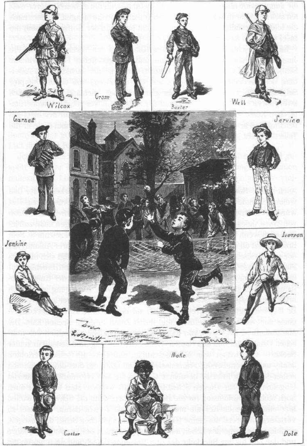 Schwarze und weiße Zeichnung von Kindern, die Baseball spielen, mit einem Gebäude und Bäumen im Hintergrund, betitelt "Die Geschichte des Baseballs" unten.