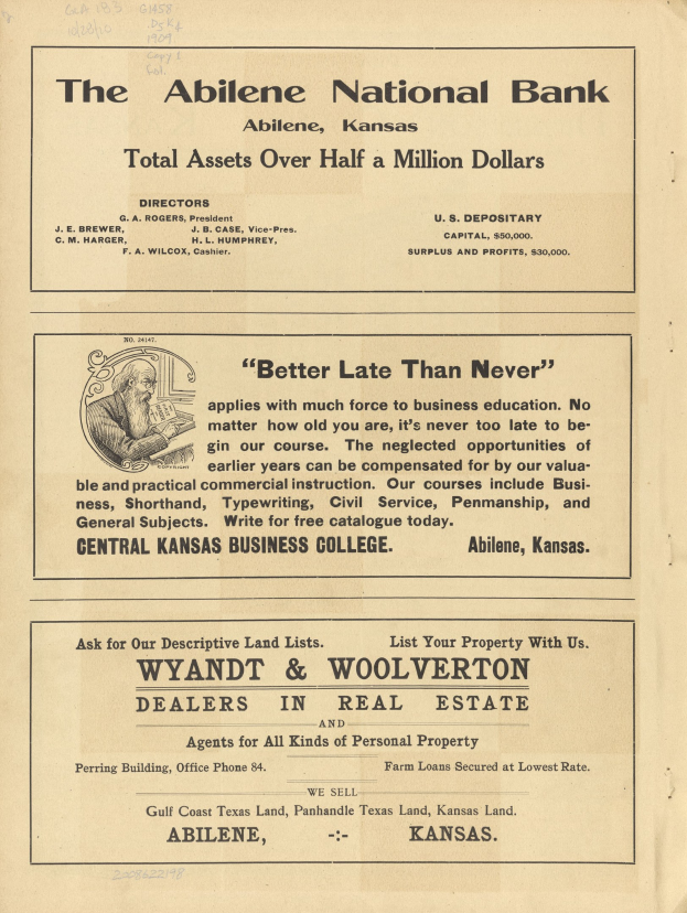 Alte Zeitungsanzeige für die Abilene National Bank mit einem zentralen Porträt und Text, der die Bankdienste beschreibt.