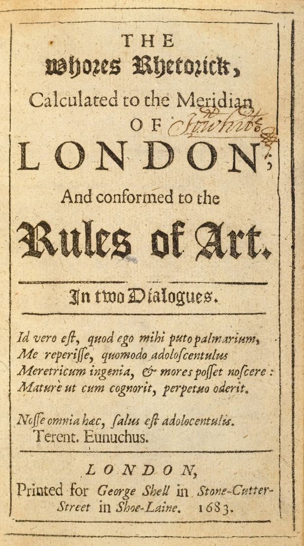 Ein altes, abgenutztes Buch mit dem Titel "The Whores Rhetoric, Calculated to the Meridian of London and Conformed to the Rules of Art in Two Dialogues" in fetter Schrift, umgeben von einem dekorativen Rahmen.