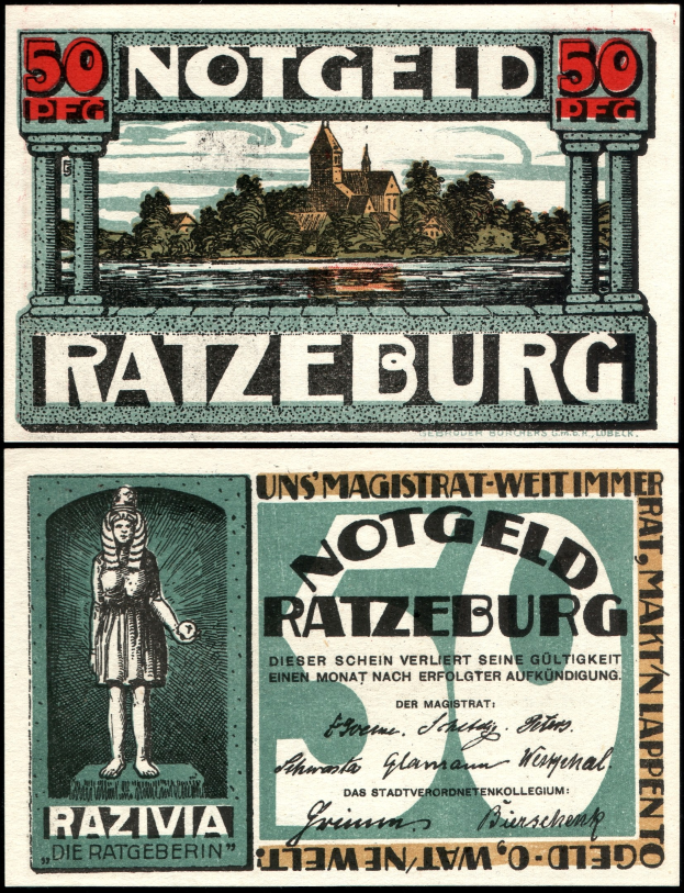 Alte deutsche Banknote mit einer Frau vor Bäumen, einem Gebäude und einem Himmel, mit dem Text "Ratzburg" sichtbar.