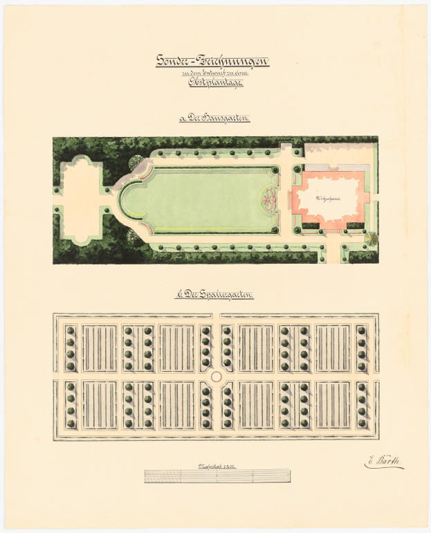 Ein Gartenplan mit einem zentralen Schwimmbad, umgeben von grünem Gras und Bäumen, mit begleitendem Text über den Garten.