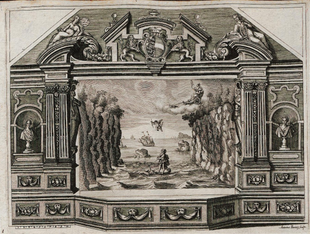 Schwarze und weiße Radierung eines Raums mit einem 16. Jahrhundert-Szenenbild an der Wand, das Statuen, Figuren, Bäume und Text am Boden zeigt.