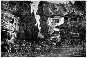 Eine Schwarz-Weiß-Zeichnung einer Straßenszene mit einer Gruppe von Menschen im Vordergrund, Gebäuden im Hintergrund und der Inschrift "Die Schlacht von Stuttgart" unten.