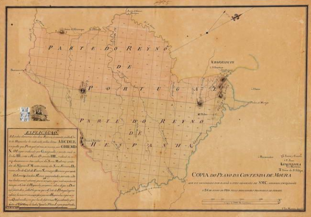 Ein altes Brasilien-Karte in einem Photo-Rahmen, das die Provinzen Brasiliens und Brasilien hervorhebt, mit der Aufschrift "Copia do Plano da Contenda de Moura".