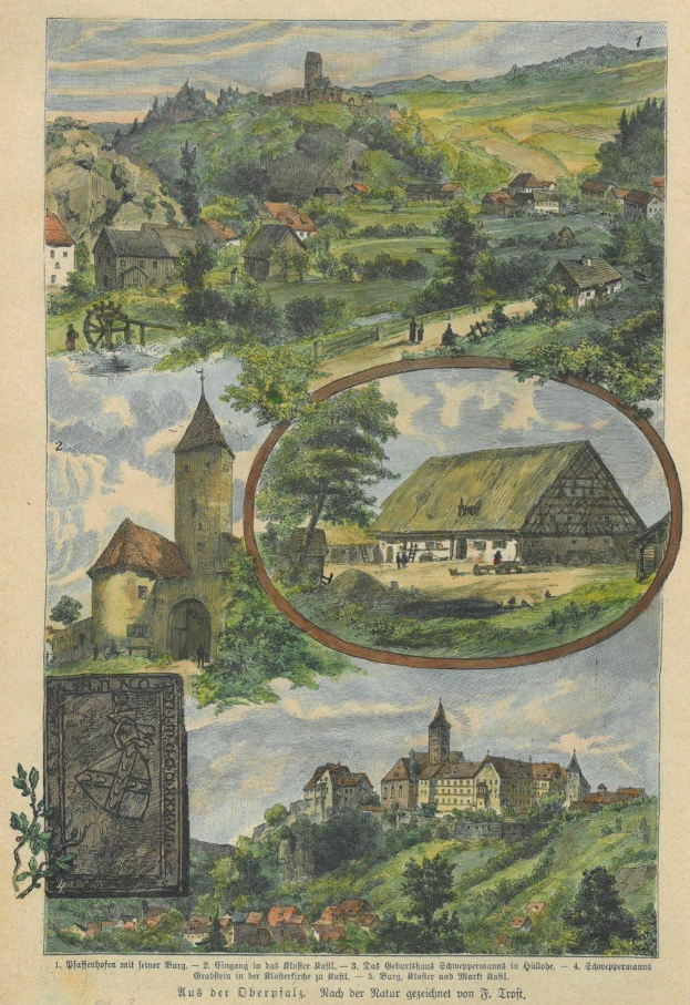 Ein altes Illustration eines alten Buches mit einer detaillierten Zeichnung eines Dorfes mit Häusern, Bäumen, Hügeln und einem bewölkten Himmel, datiert Günterberg, Deutschland, 1857.