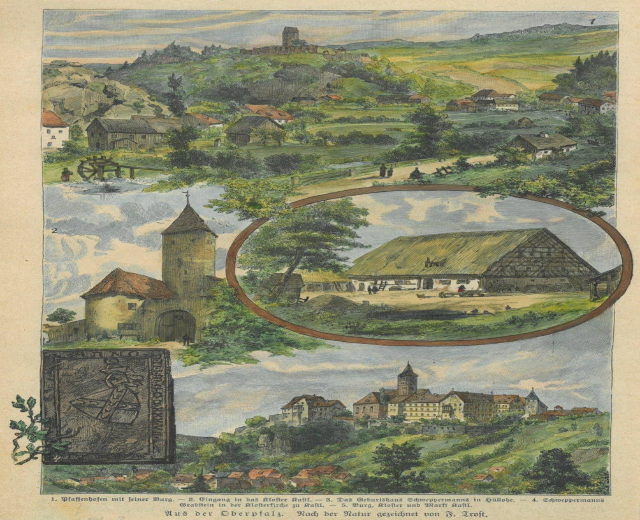 Ein altes Illustration eines alten Buches mit einer detaillierten Zeichnung eines Dorfes mit Häusern, Bäumen, Hügeln und einem bewölkten Himmel, datiert Günterberg, Deutschland, 1857.
