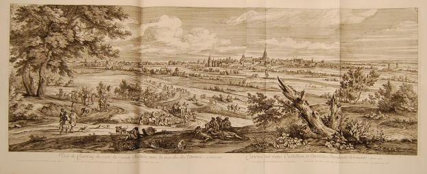 Schwarz-weiß-Illustration eines offenen Buches mit der Aufschrift 'Sicht auf die Schlacht von Castellum und Castellium aus der Illustrated London News', die eine Landschaft mit einer Gruppe von Menschen im Vordergrund, Bäumen, Pflanzen und Gebäuden im Hintergrund und Wolken am Himmel zeigt.