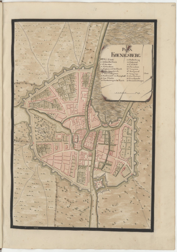 Altes Buch mit einem detaillierten Stadtplan von Hohensberg, Deutschland, der Straßen, Gebäude und Sehenswürdigkeiten zeigt, sowie zusätzlichen Text über die Stadt.