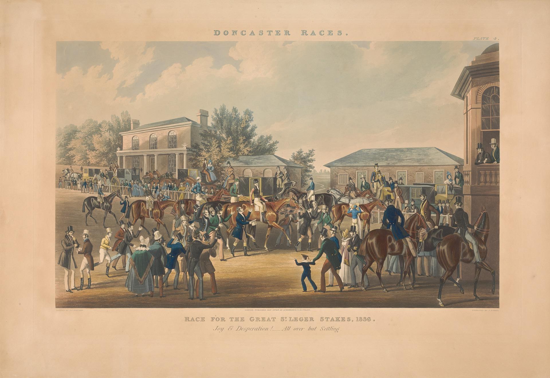 Gruppe von Menschen, die auf Pferden vor einem Gebäude reiten, mit Bäumen und Wolken im Hintergrund, Text lautet "Doncaster Races, Race for the Great Stakes, 1839".