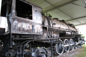 Ein Zug ist in der Mitte auf Schienen mit Gras darunter und einer Decke mit Stangen darüber.