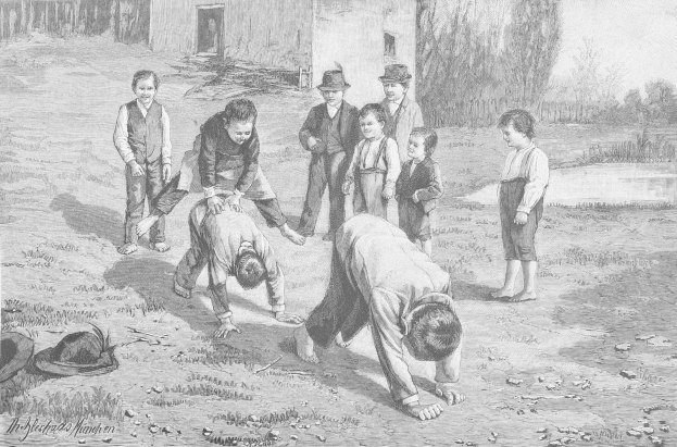 Schwarzes Bild von Kindern auf einem Feld, mit zwei Jungen in der Mitte, die kämpfen, während andere zusehen, ein Hut und Text links sichtbar.