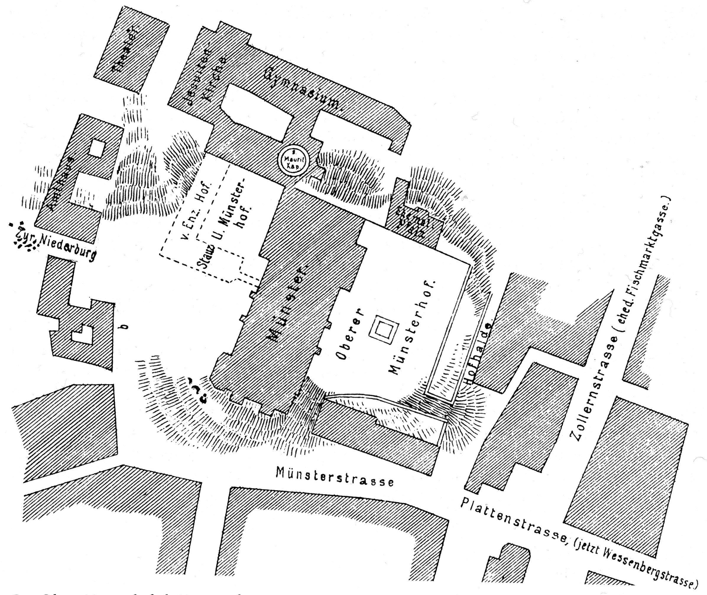 Schwarz-weiß-Stadtplan-Karte von Münsterstraße, die Straßen, Gebäude und andere Merkmale zeigt.