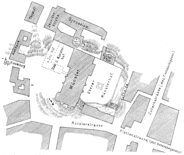 Schwarz-weiß-Stadtplan-Karte von Münsterstraße, die Straßen, Gebäude und andere Merkmale zeigt.