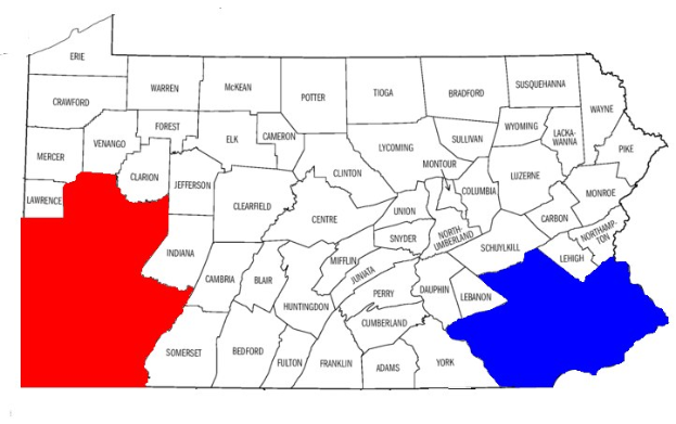 Eine Karte von Pennsylvania, die Wahlergebnisse zeigt, mit Landkreisen in rot und blau markiert und beschriftet mit "Pennsylvania Wahl-Ergebnisse."