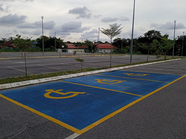 Ein Parkplatz mit einem blauen Behindertenparkplatz-Schild, das auf den Boden gemalt ist, umgeben von Gras, Pflanzen, Bäumen, Straßenlaternen, einem Zaun, Häusern mit Dächern und Fenstern und einem bewölkten Himmel.