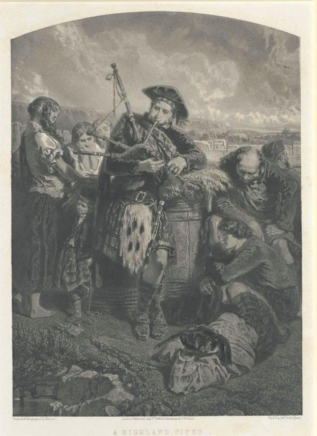 Schwarze und weiße Gravur eines Mannes, der eine Dudelsackpfeife vor einer Gruppe von Menschen spielt, mit einem bewölkten Himmel im Hintergrund, unten mit "Eine Highland-Pfeife" beschriftet.