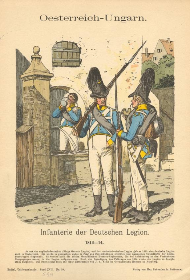 Altes Buchcover mit einer Zeichnung von zwei uniformierten Männern, einer hält eine Waffe, vor einem Hintergrund aus Bäumen und Gebäuden, betitelt "Infanterie der Deutschen Legion 1813-14".